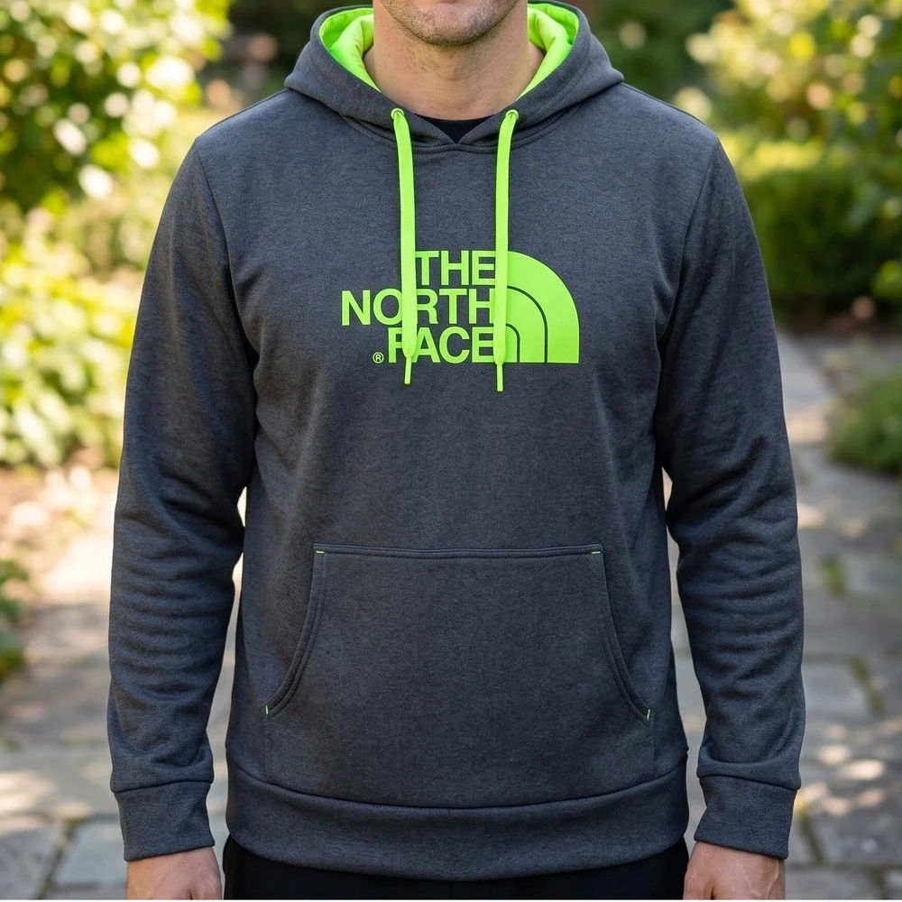 The North Face Mens Pullover Hoodie Charcoal Heather Neon Green Logo XL NF0A3528